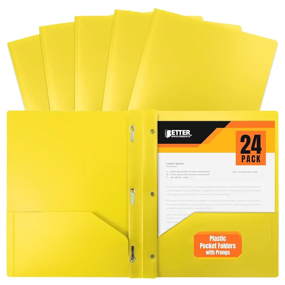 

Yellow Plastic 2 Pocket Folders with Prongs, Heavyweight, Letter Size Poly Folders, 24 Pack, with 3 Metal Prongs Fastener Cl