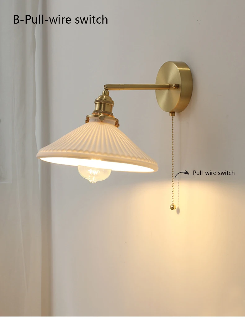 Imagem -04 - Japonês Retro Cerâmica Wall Sconce Luxo Modern Wall Light Latão com Interruptor Lâmpada de Cabeceira do Quarto Ajustado para Cima e para Baixo