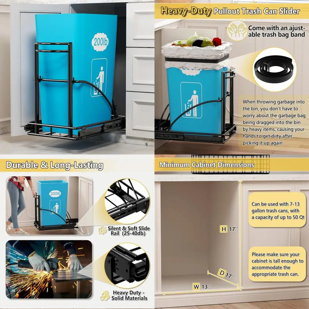 

Pull-Out Trash Can 13 Gallon Quiet Closing Under Cabinet 50 Quart Black Large Kitchen Waste Bin