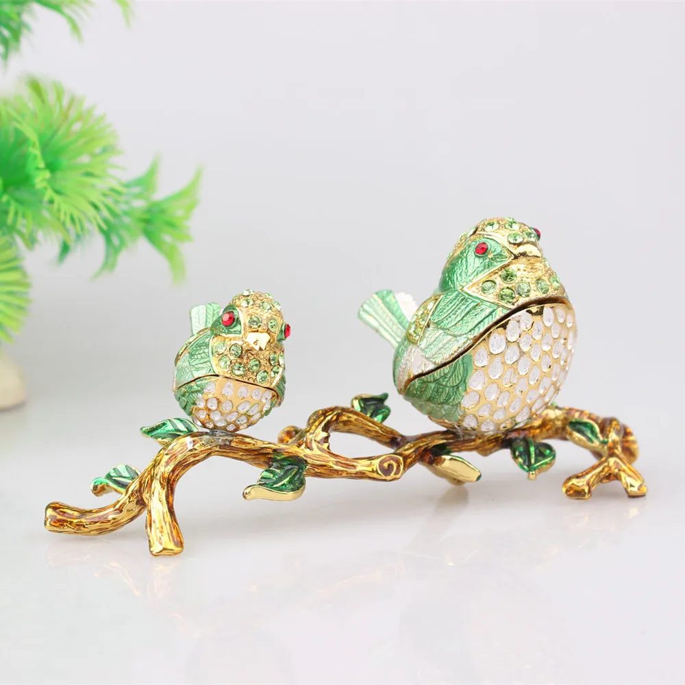 Alloy Cloisonne Jewelry Box with Rhinestones, Mother & Child Lovebirds Figurine, Light Luxury Home Desktop Decor Gift
