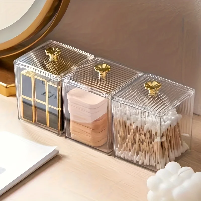1/3pcs Clear Acrylic Makeup Organizer - Golden Handles Dustproof, Compact Desktop Vanity Box for Jewelry/Toothpicks/Beauty Tools