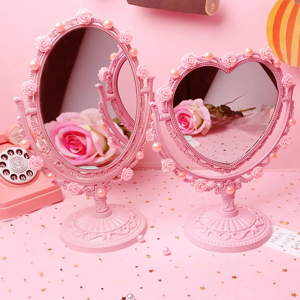1 pezzo di specchio per il trucco a forma di cuore rosa, specchio compatto portatile con riflessione HD trasparente, finitura vintage squisita, adatto alla borsa o nella borsa
