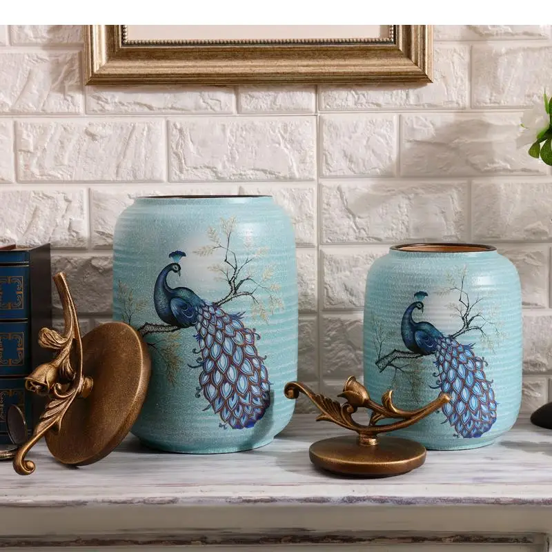 

Antique Candy Jars with Cover Storage Jar Sugar Bowl Peacock Pattern Jewelry Container Organizer American Rustic Home Decor