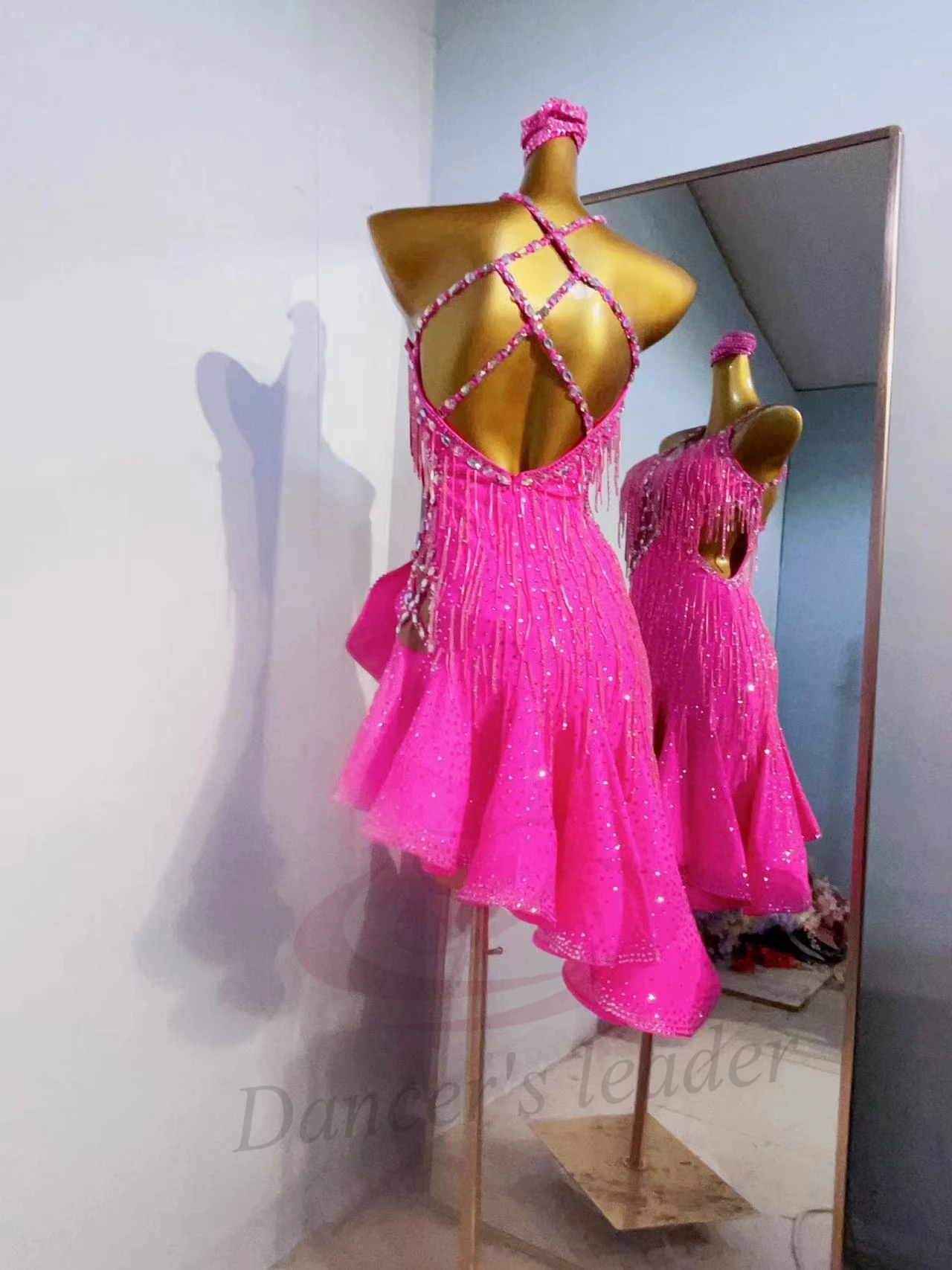 Latin Dance Competition Color Version High-end Custom Hanging Neck with Diamond Pink Skirt Samba Performance Blackpool dress