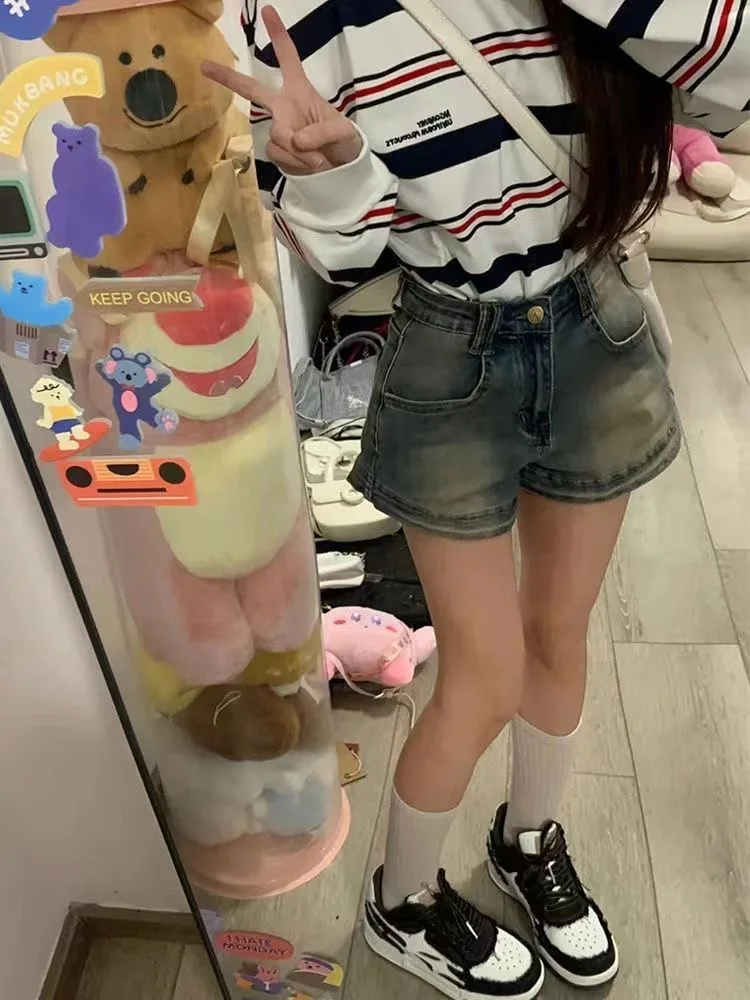 Retro Elastic Bodycon Denim orts Women Summer plus Size Slimming High Waist A-Line Wide Leg Hot Pants Casual Sle High Wai...