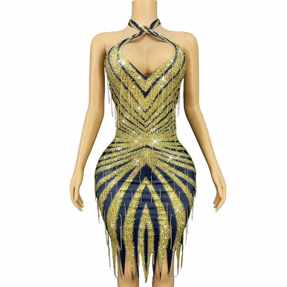 

Роскошное модное платье с мерцающими золотыми кристаллами и цепочками на спине, женское вечернее платье на день рождения, красная ковровая дорожка, сценический наряд