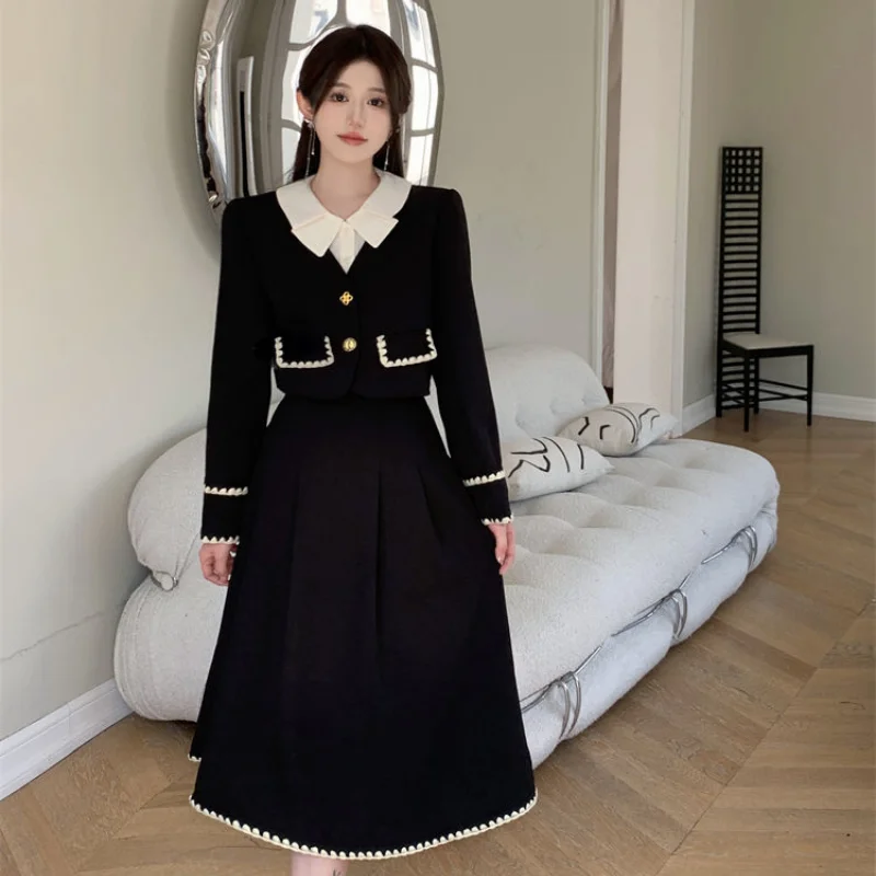 Spring Autumn French Fragrant Style Outfits 2023 New Fashion POLO Collar Cardigan Top High Waist Half Skirt Two Piece Set