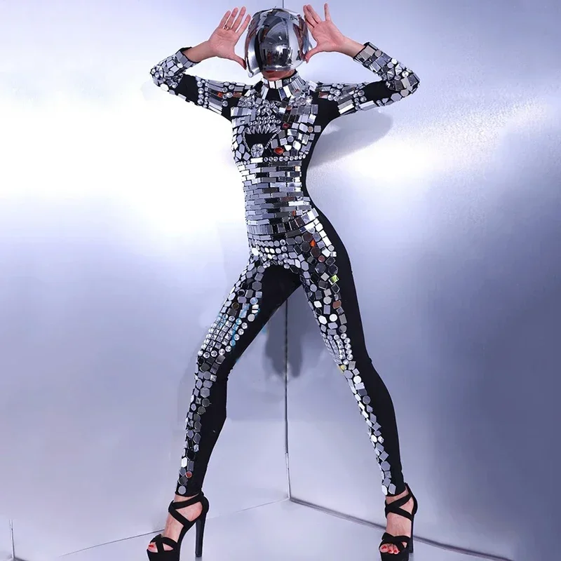 

Show girl party outfit luxury costume Luxury Party OutfitSilver Women Mirror Jumpsuit Bubble Glasses Pole Dance Wear