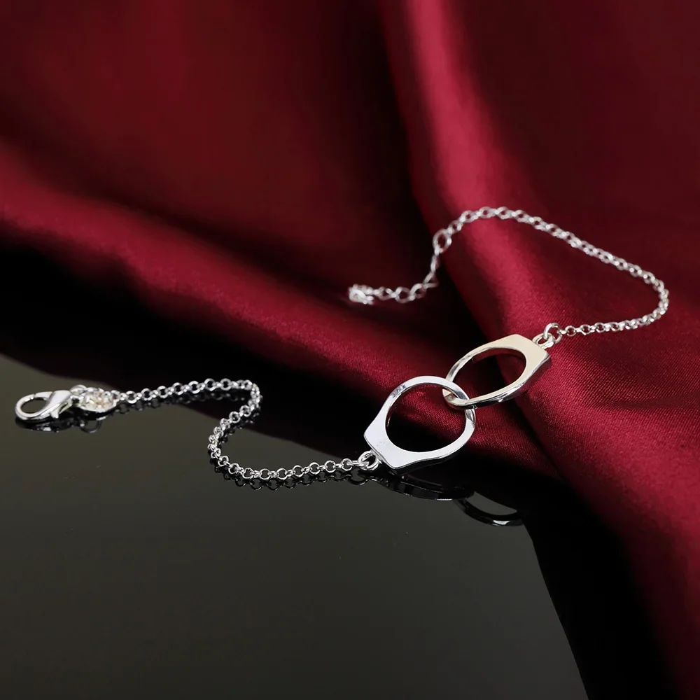 pure 925 Sterling Silver Bracelets Handcuffs Chain Women Men Wedding Fashion Jewelry Valentine's Day Gifts lady 20cm