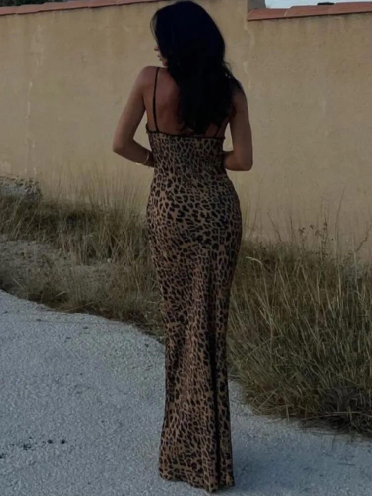 Leopard Print Spaghetti Strap Long Dresses Women Sexy Hollow Out Backless Slim Party Night Club Dress Female Fashion Streetwear