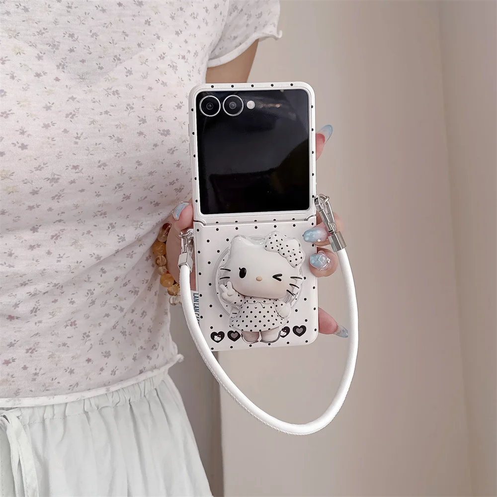 Phone Case For Samsung Galaxy Z Flip 8 7 6 5 Polka Dot Hello Kitty Holder Hand Strap Shockproof Hard Protective Cover For Girls
