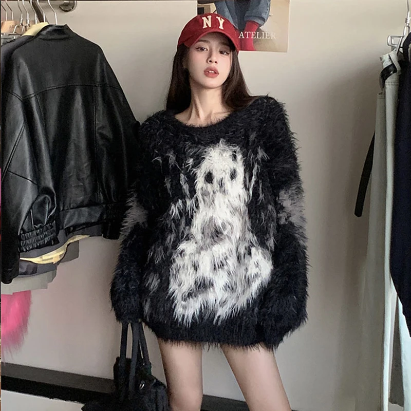 Korean Fashion Faux Mink Cashmere Sweater Women New Black Pink Color Spotted Dog Print Loose Thick Long Sleeve Y2K Pullovers