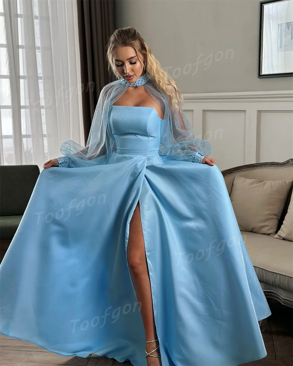 Toofgon-vestidos de noche azules sin tirantes con abertura larga, capa de manga larga brillante, vestidos de fiesta personalizados, vestido largo de celebridad para mujer