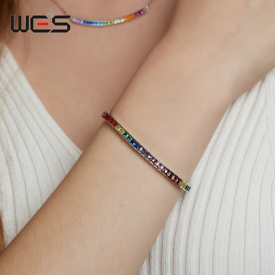 WES 925 Sterling Silver CZ Bracelet for Women Rainbow Cubic Zicron 2.5*2.5mm Elegant Fashion Engagement Gift Fine Jewelry