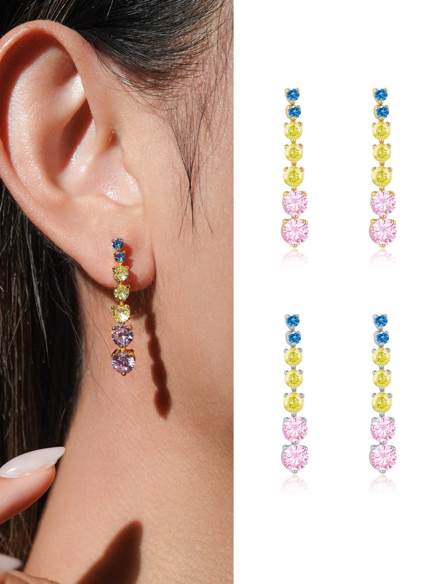 ANDYWEN 925 Silver Gradient Macaron CZ Long Drop Stud Earrings, Blue Green Pink Color Stud Pair, Hypoallergenic Gift Box