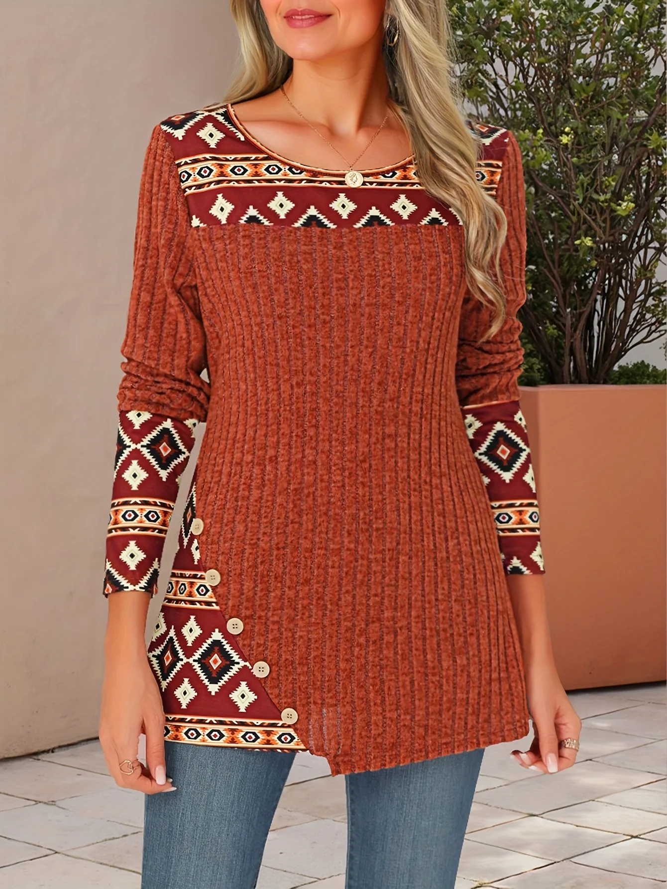 

Women's Rust Red Ribbed Knit Top with Ethnic Geometric Print & Button Detail - Fall Winter Casual Boho Outfit