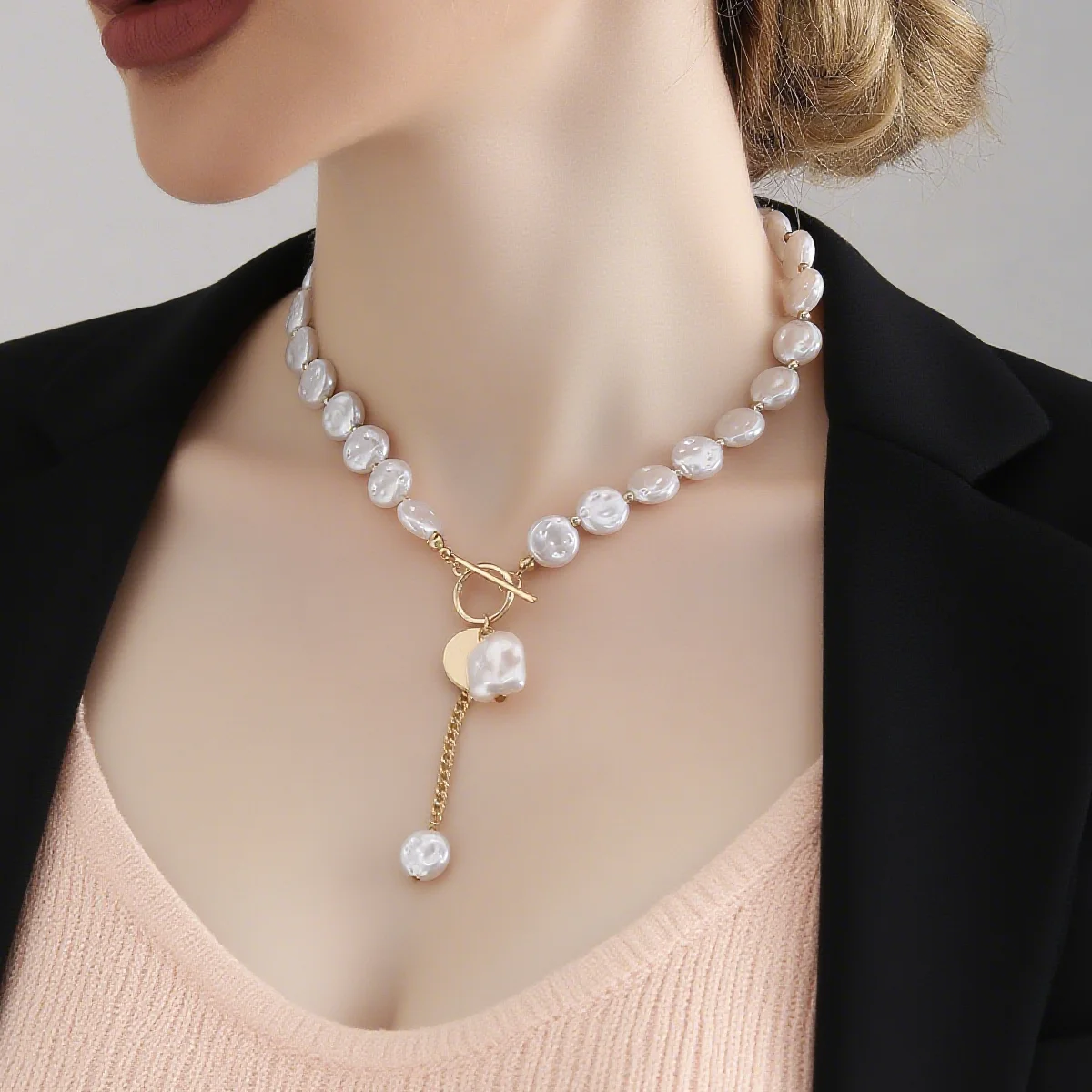 Simple Baroque style Flat Imitation-Pearl Chokers Necklaces For Women Girls Beaded Chains on Neck Elegant Trendy Fashion Jewelry