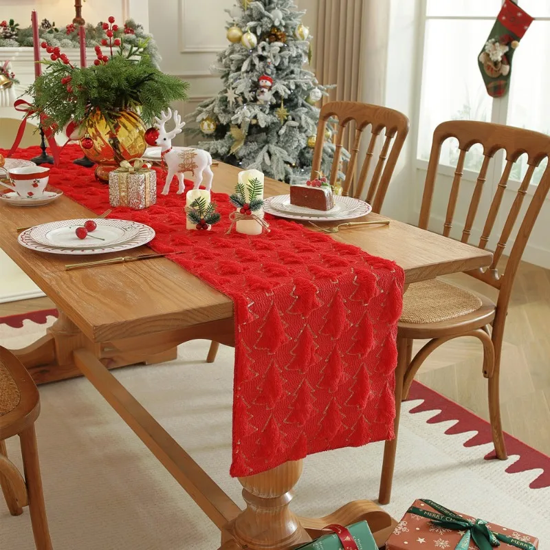 Vintage Embossed Christmas Tree Table Runner Festive Textured Table Flag Holiday Home Dining Decoration