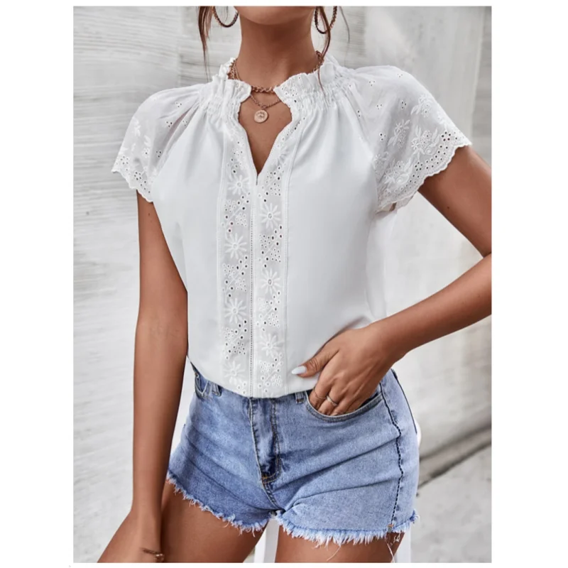 Summer Faion Lace Trim Women's Blouse Casual Top Straight Cut Polyester ort Sve V-Ne Regular Length Thin Fabric
