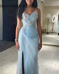 Blue Applique Prom Dresses Gala Mermaid High Side Split Sweetheart Evening Dress Tulle Ruffle Saudi Wedding Party Dress 2024