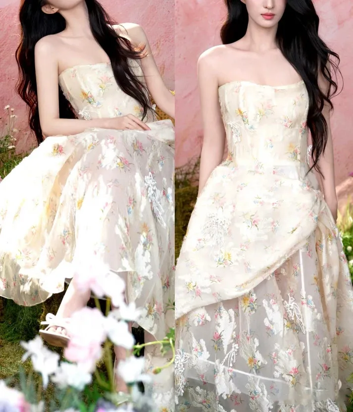 

Luxury Brand Romantic Flower Embroidered Beige Dress Sexy Strapless Women Ball Gown Wedding Evening Dress