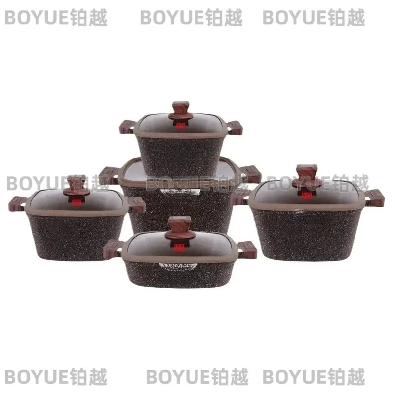 Square Soup Pot Aluminum Die Casting Non Stick Granite Coating Bakelite Silicone Lid Cookware Set Kitchen Stew Saucepan