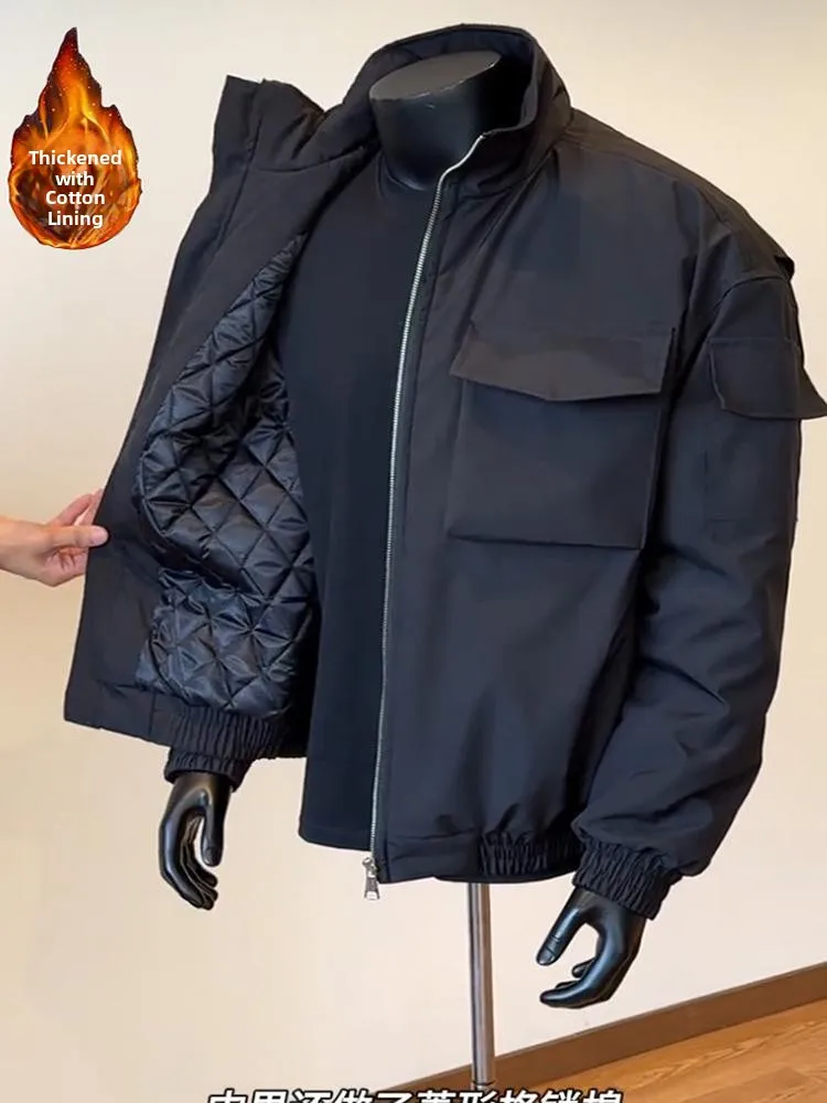 

Мужская короткая хлопковая куртка GTLA, черная, с воротником-стойкой, зимняя, в американском стиле, с множеством карманов, трехслойная, рабочая, молодежная, повседневная