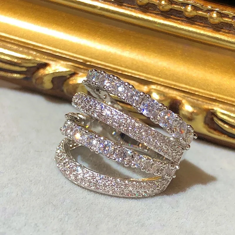 Huitan Sparkling Female Rings Multi-layers Cubic Zirconia Luxury Wedding Band Accessories Fashionable Party Jewelry for Women
