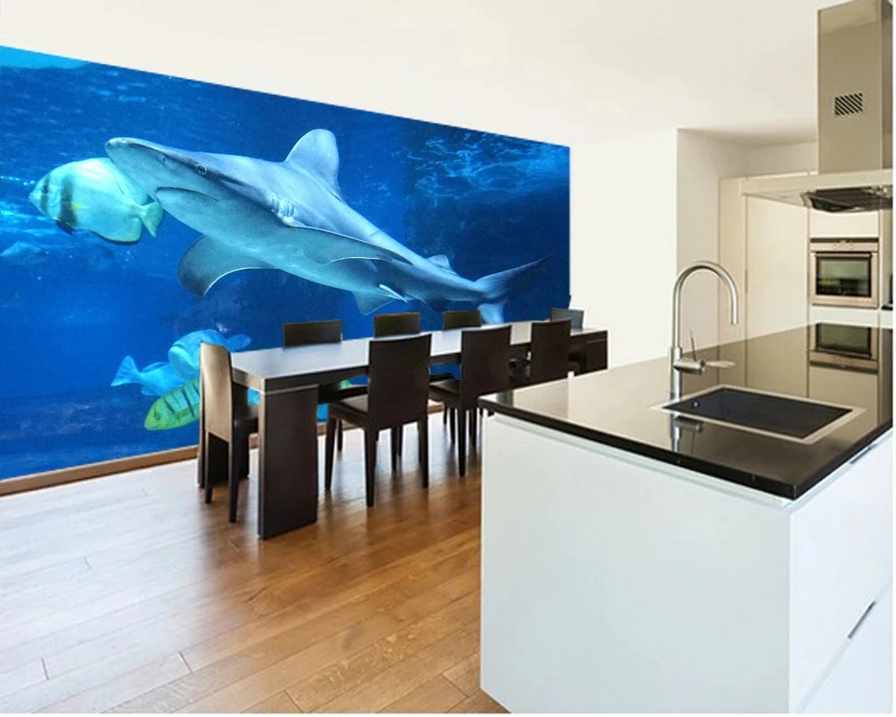 Customized products 3d blue sea Underwater shark mural sushi restaurant wallpaper Living room sofa TV background wall bedroom 8d
