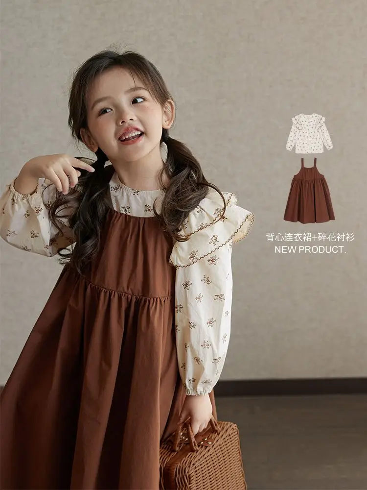 Girls' Dress Autumn New Item Popular Floral Shirt for Little Girls Retro Two-piece Set Maillard Dress