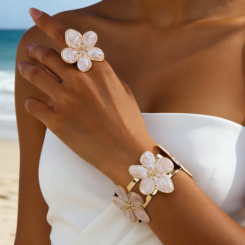 2 PCS/Lot Elegant Vintage Enamel Flower Metal Jewelry Rings Bracelet Sets for Women Girls Creative Vacation Sense Sets Jewelry