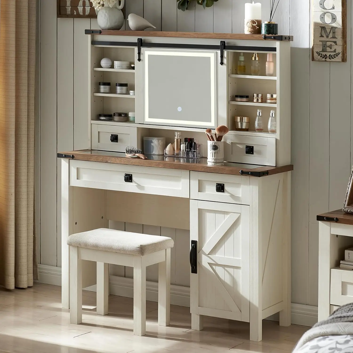 T4TREAM-Farmhouse Maquiagem Vanity Desk com espelho deslizante e luzes, 42 "Glass Tabletop, 2 gavetas e prateleiras