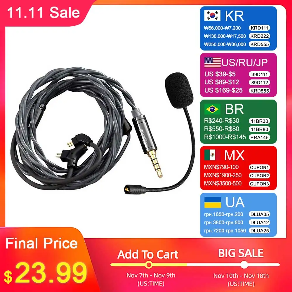 Kinera Celest RUYI Earphone Cable With Detachable Boom Microphone IEM Audio Pickup Gaming Esports Livestreaming Mic Headset