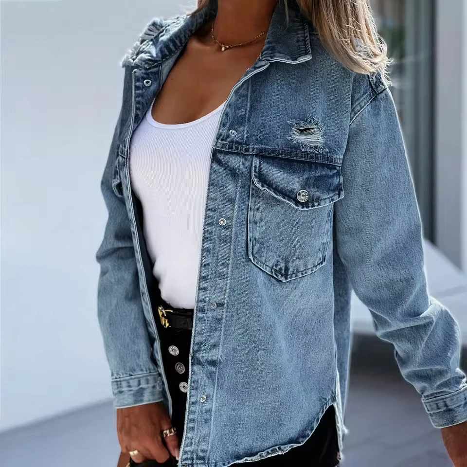 Women Winter Washed Ripped Denim Loose Pocket Denim Female Casual Vintage Single Breasted Lapel Denim Coat
