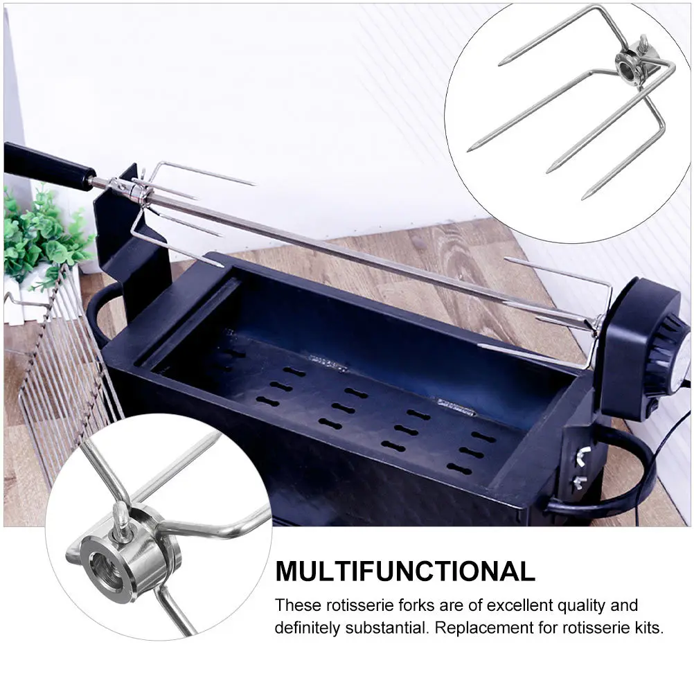 

1pc Stainless Steel Bbq Forks Rotisserie Meat Forks Tapered Prongs Thumb Screw Adjustment Four Prong Offset Design For Grill