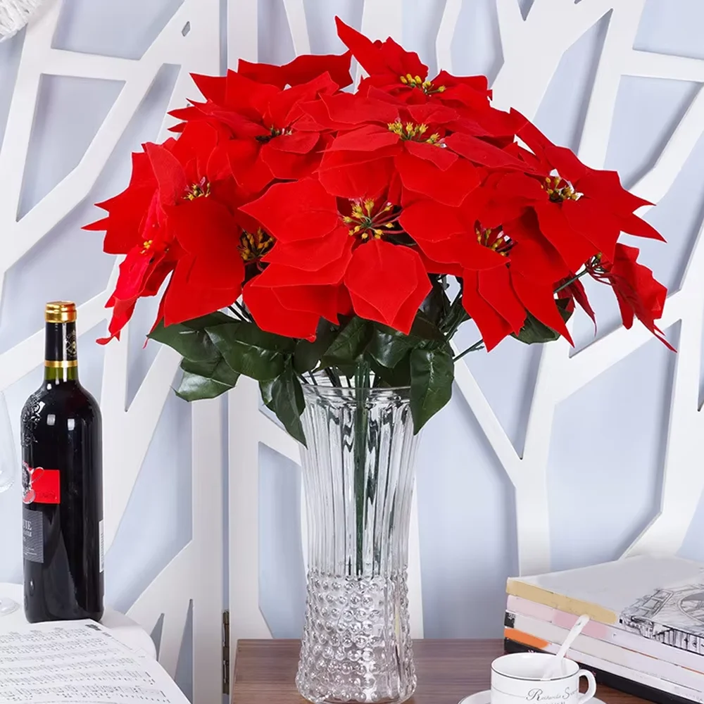 50 cm künstliche Pflanzen, Weihnachtsdekoration, gefälschte rote Blume, Weihnachtsbaumdekoration, Kunstpflanzen, Zweig, Seidenblumenpflanze für den Hausgarten