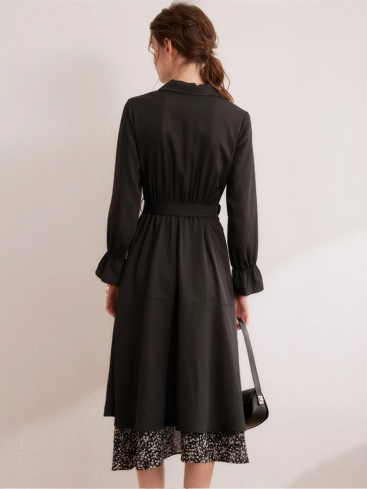 Outono preto retalhos floral babados midi vestido feminino manga longa gola polo camisa vestido 2025 coreano vintage hepburn vestidos