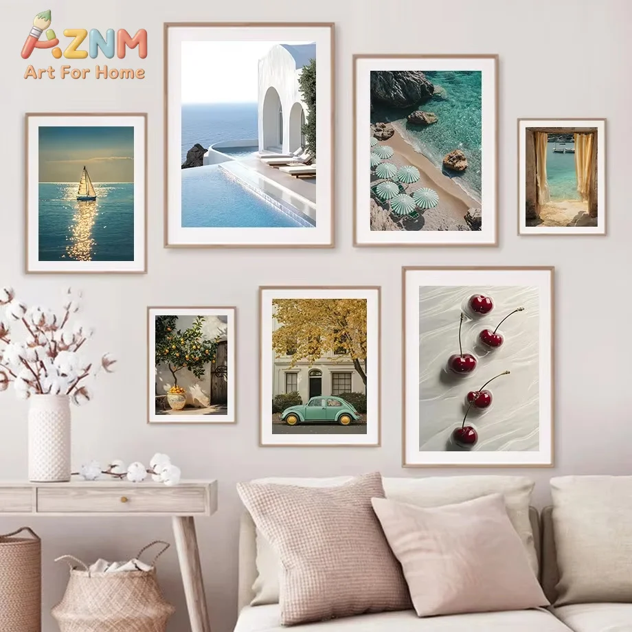 AZNM Beach Surfboard Little Yellow Duck Seaside View Vacation Sunbathing Poster  Canvas Painting Nordic Wall Art Home Room Decor