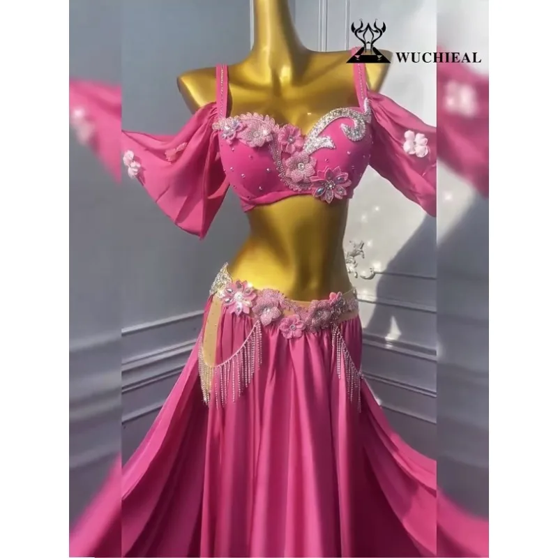 Vestido de dança do ventre personalizado, conjunto rosa e verde de alta qualidade, corrente de flores, samba americano, feminino, palco adulto, roupas profissionais