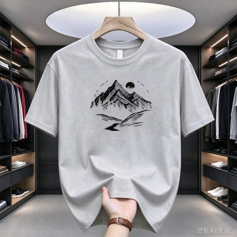 Mountain Range Line Art T-Shirt Men 100% Cotton Nature Adventure Graphic Tee Casual Short Sleeve Top for Camping Travel Gift