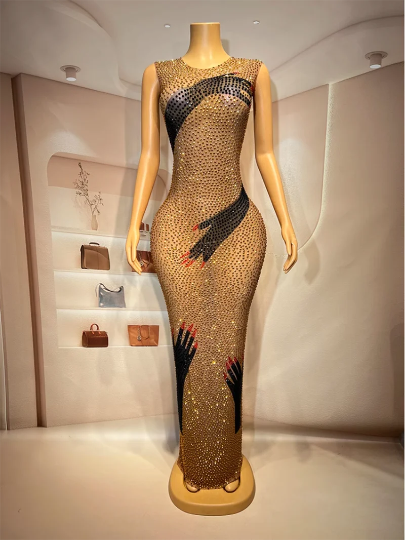 Maßge schneiderte sexy Spitze ärmellose transparente Diamant Pailletten Wasser Diamant Wrap Hüft kleid langes Kleid Leistung Kleid Party kleid