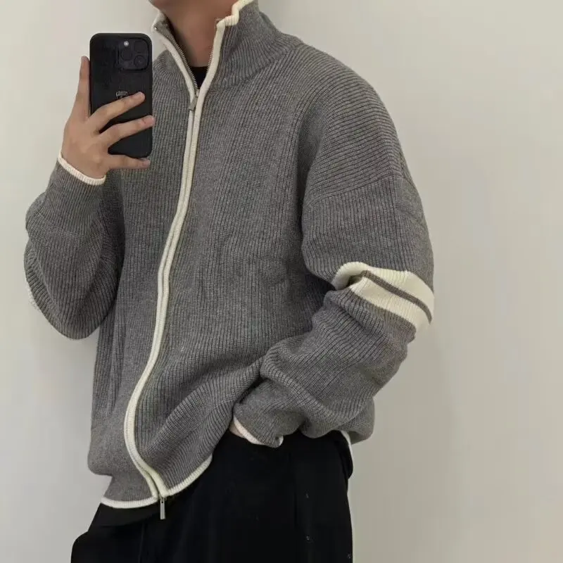 

Men's Autumn Winter Large Size Zipper Knitted irt Jaet Striped Collar Stand up Slim Fit Polyester Fiber Long Sve Sweater