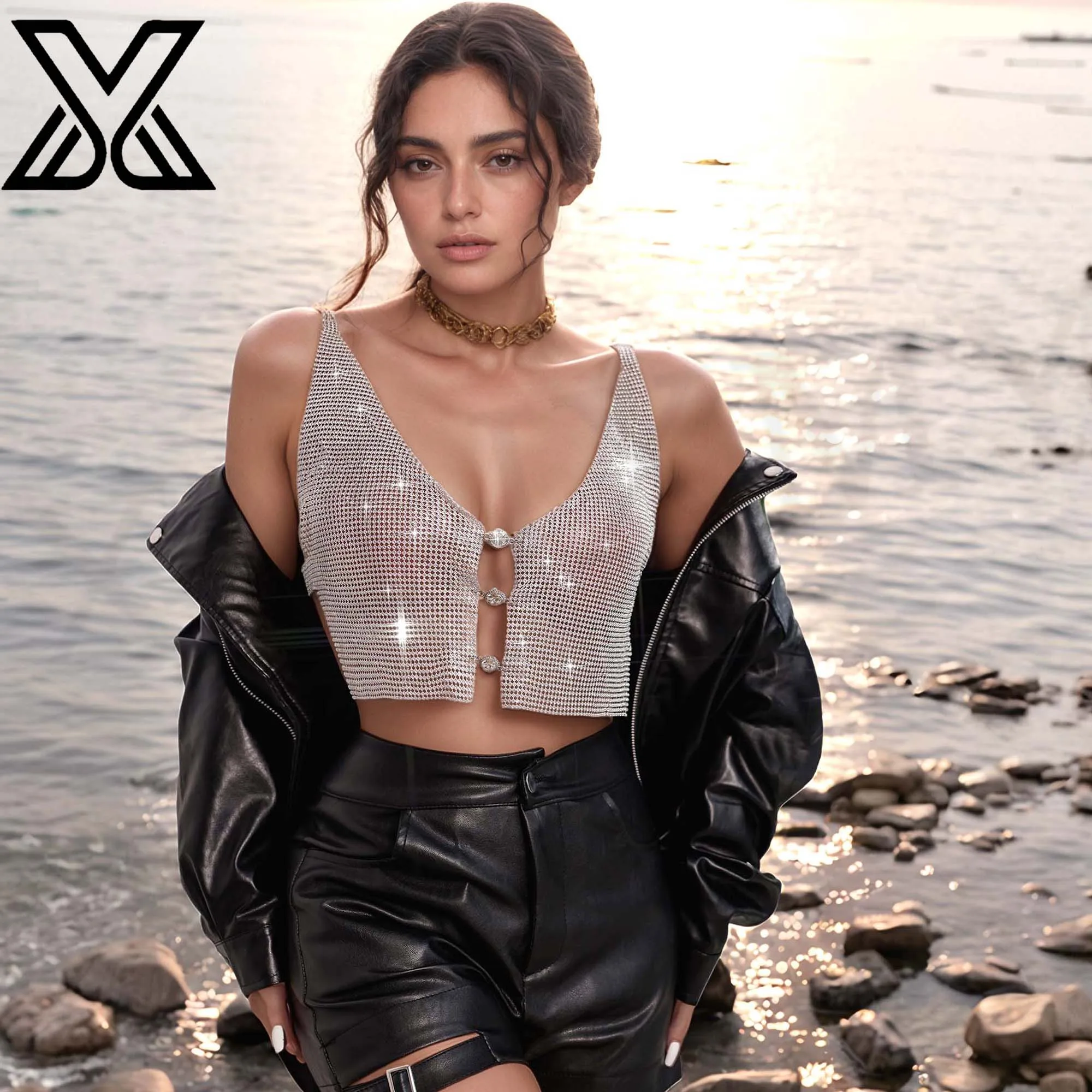 

XMJXMY Sexy perspective rhinestone tight corset with exposed navel, short neck hanging vest, women's beach bikini top
