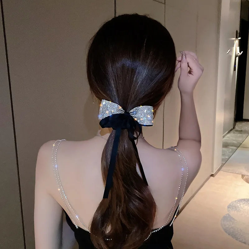 New Retro Bling Crystal Rhinestone Bow Scrunchies Hair Ties for Women Girl Hair Bands Streamers Ponytail Holder Hair Accessories