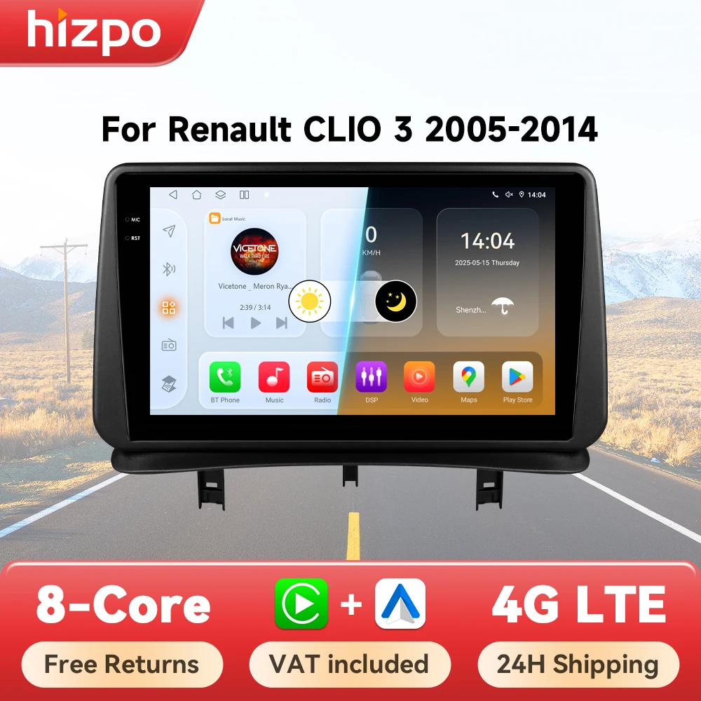 Hizpo Autoradio Autoradio für Renault Clio 3 2005 2006 2007–2014 Multimedia-Player Drahtloses CarPlay Android Auto Stereo GPS 4G