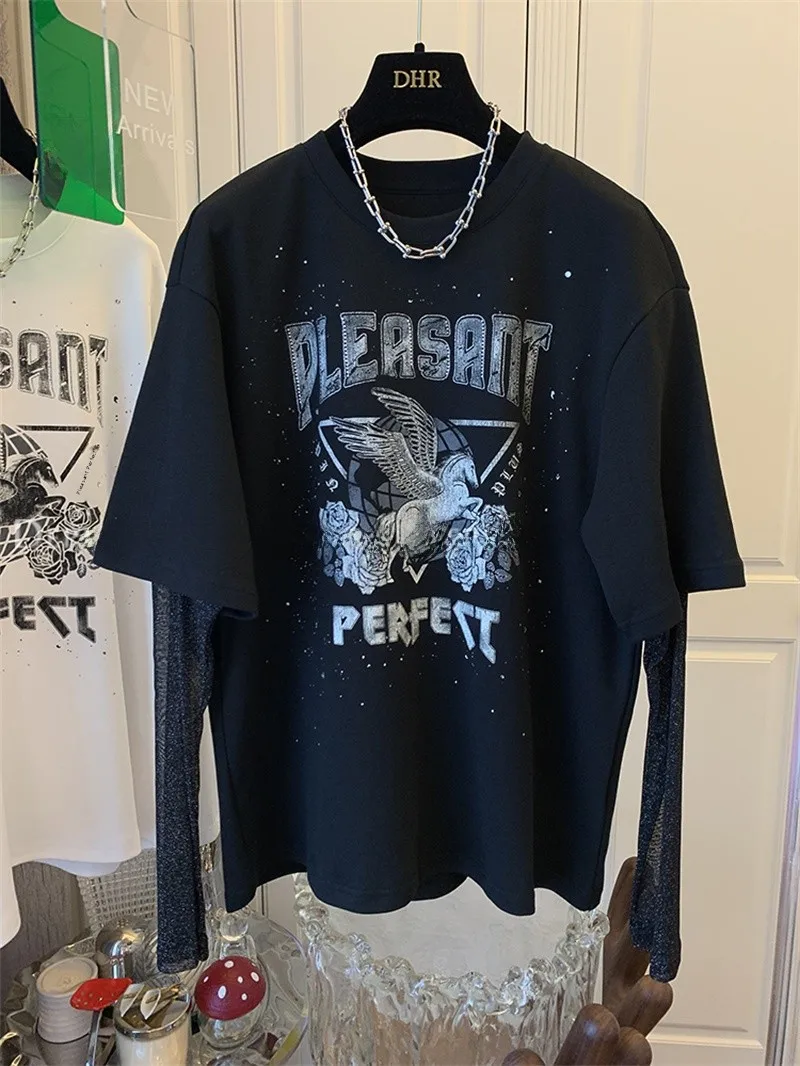 

Женская футболка оверсайз с рукавами-розами, свободная повседневная, с эффектом двухслойности, из смесового хлопка и полиэстера, летний топ