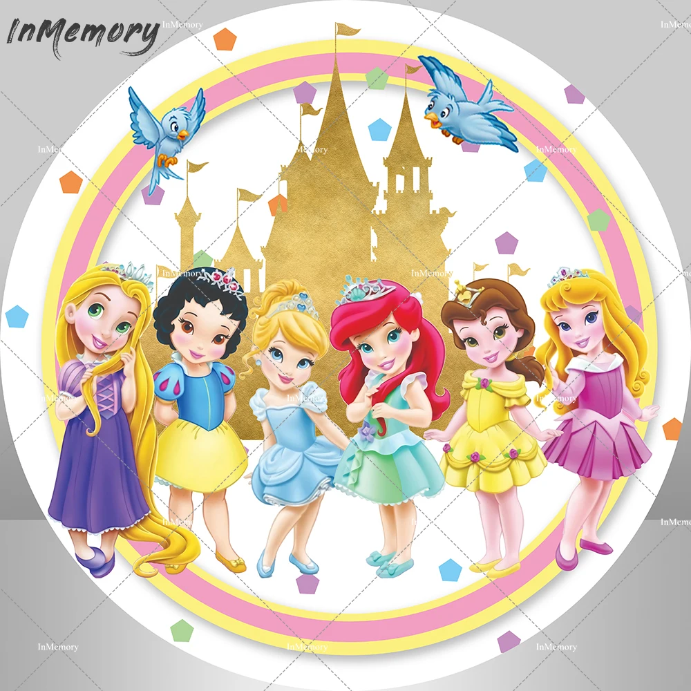 Baby Princess Round Backdrop Cover for Children Birthday Party Decor Gold Castle Baby Shower Photo Background Cake Table Banner