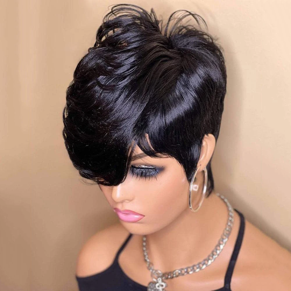 Short Pixie Cut Wig Remy Human Hair For Black Women Cute Wig Straight Natural black Color Full Machine Made Bob Wig With Bangs