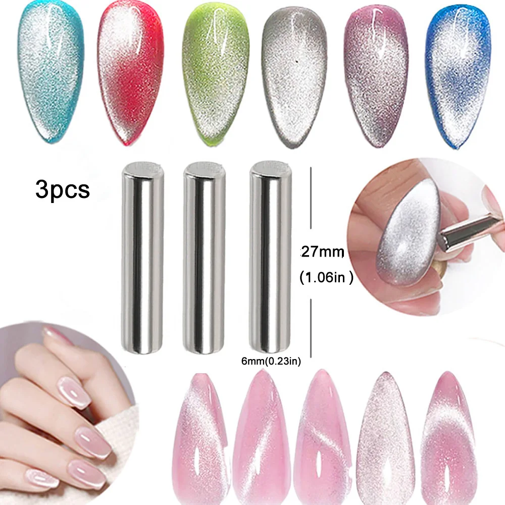 3pcs Cylindrical Nail Cat Eye Magnet Handle Magnetic Stick Nails Gel Polish Line Effect Double Cat Magnet Pen DIY Nail Art Tools