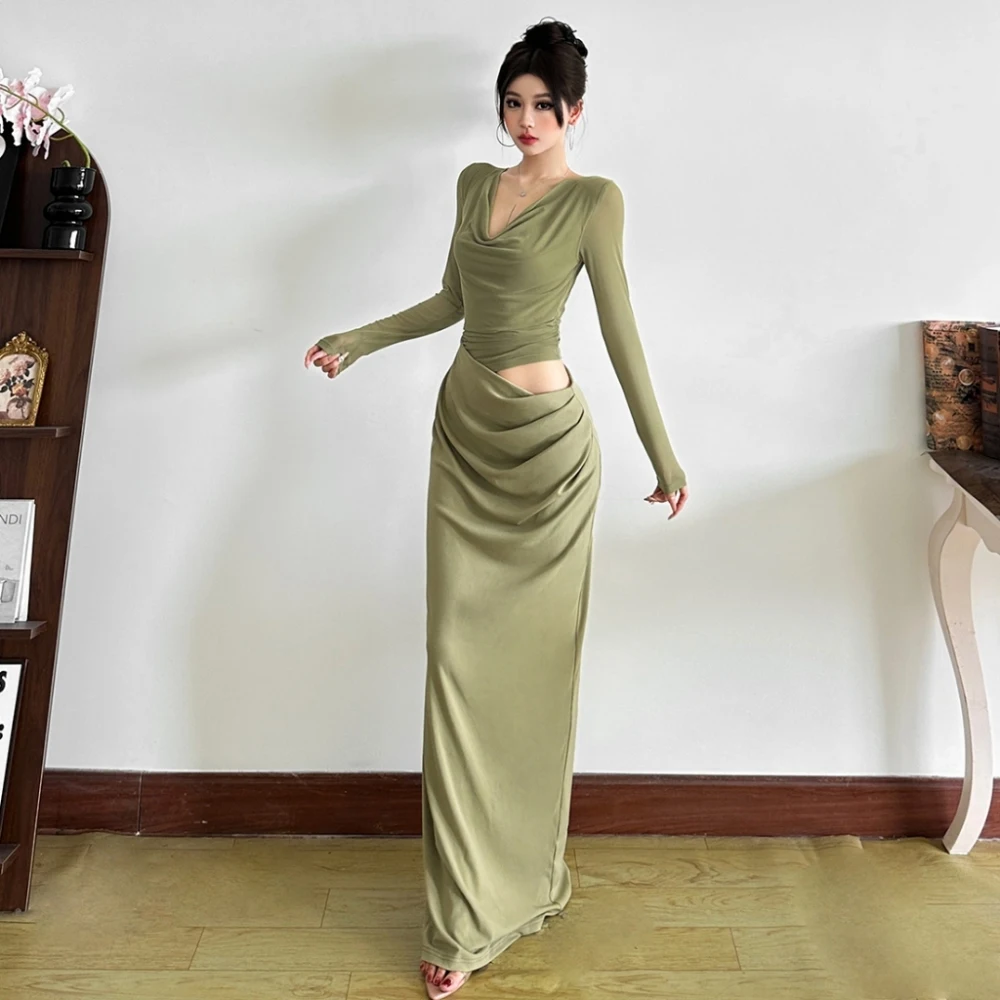 فساتين طويلة أنيقة مكشكشة من SylCue للسيدات، رقبة منخفضة وأكمام طويلة، تصميم مجوف بدون خصر، تصميم عصري غير رسمي